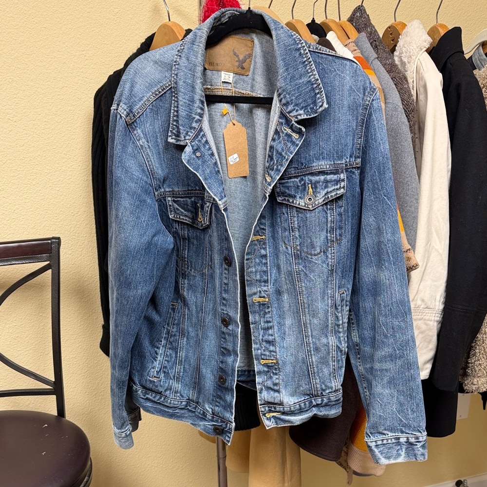 American Eagle Outfitters Light Blue Denim Jacket with Leather Patch